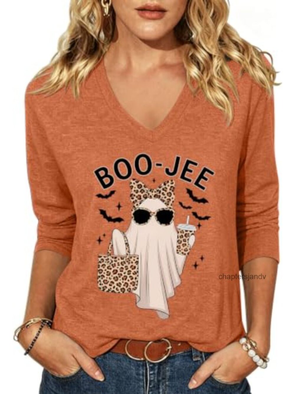 Womens Halloween 3/4 Sleeve V-Neck Spooky Season Graphic Tee Fall Top